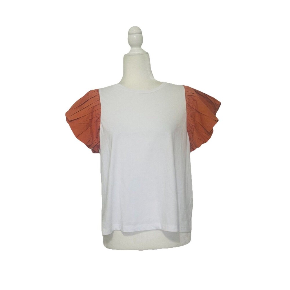 NWT Eche Women Size L  Ruffle Sleeve Top White/Burnt Orange Coquette Boho
